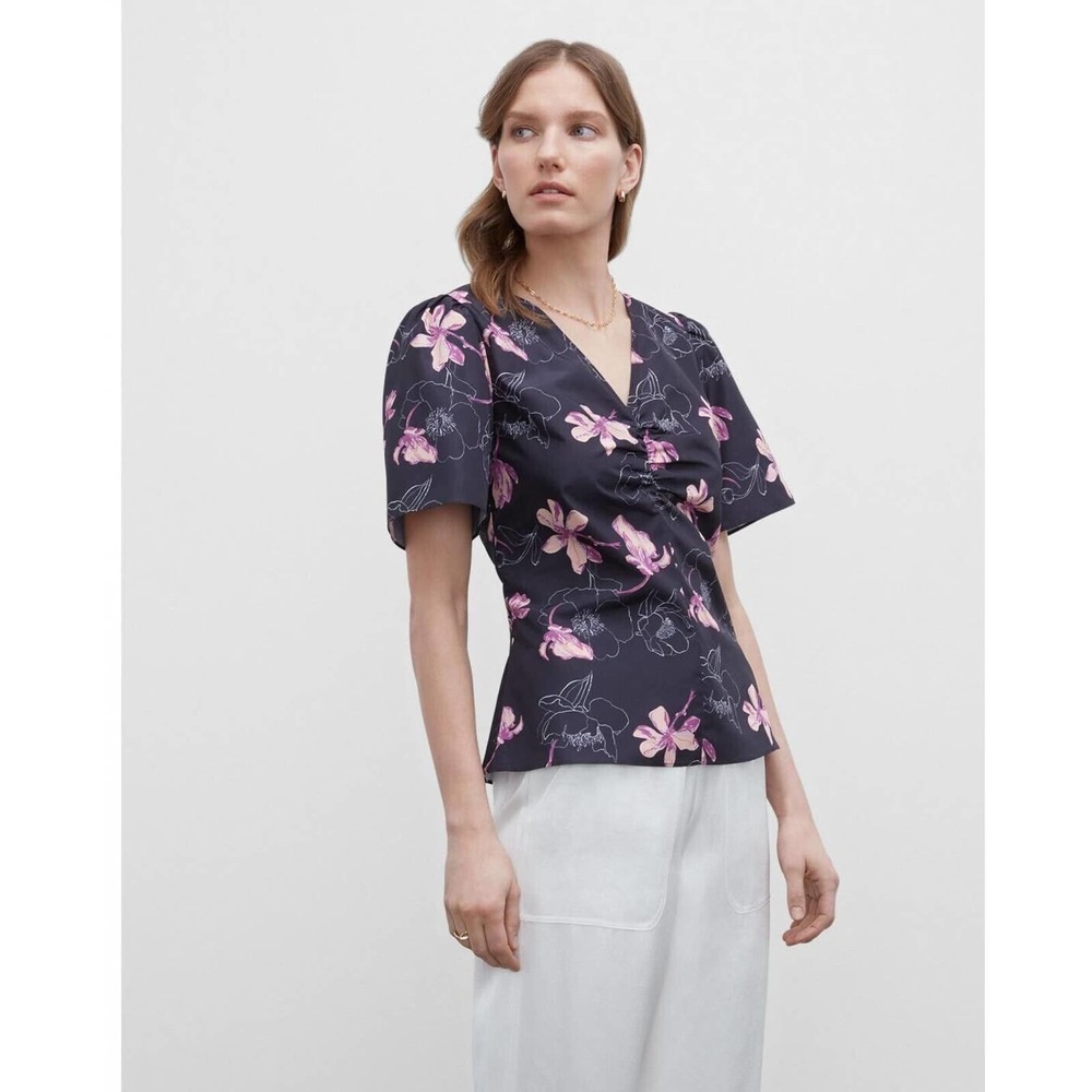 Club Monaco Women's Ruched Front Flutter Sleeve Top Blouse Size M Navy Floral